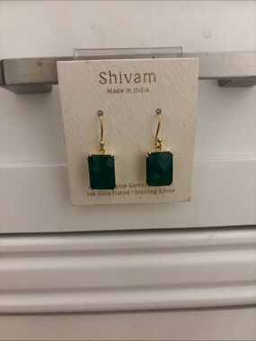 Shivam 14K Gold Plated Genuine Green Onyx Stone Earrings